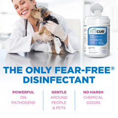 REScue disinfectant wipes in vet office; convenient sanitation on cages and exam surfaces.