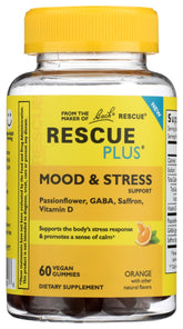 RESCUE Plus Mood Gummies bottle front shows orange flavor for daily mood support.