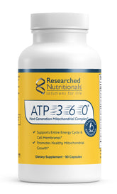 Researched Nutritionals ATP 360 bottle close-up for reliable mitochondrial support and daily energy