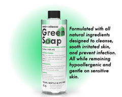 RetroDeco Green Soap used in piercing care keeps sensitive skin clean.