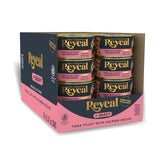 Reveal grain-free wet cat food can with tuna and salmon in gravy for hydration and flavor.