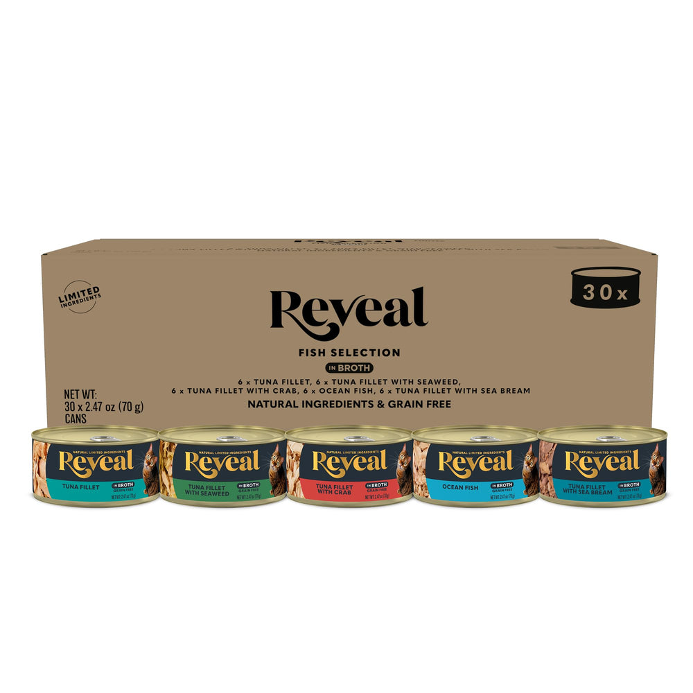 Reveal natural wet cat food variety pack cans featuring multiple flavors for picky cats.