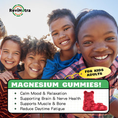 ReviNutra Magnesium Complex Gummies closeup shows chewy texture and strawberry flavor.