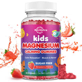 ReviNutra Magnesium Gummies for Kids bottle front with strawberry flavor promoting daily calm
