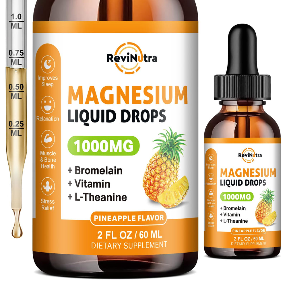 ReviNutra Magnesium Glycinate liquid drops bottle with easy dosing for fast absorption.