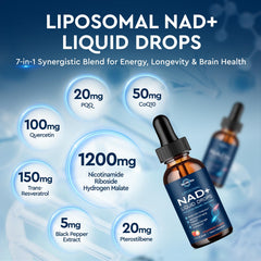 ReviNutra NAD+ strawberry drops bottle highlights quick cellular support.