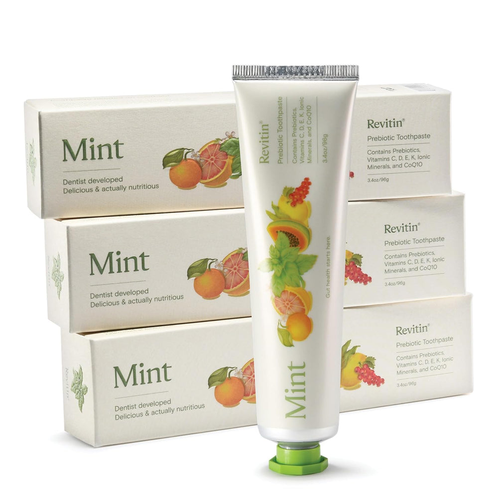 Revitin toothpaste 3-pack packaging shows family-friendly care for daily brushing