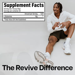 Revive MD Glutamine powder being poured, may support post-workout recovery.