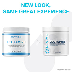 Revive MD Glutamine scoop beside bottle, easy daily serving.