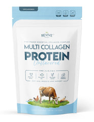 Revive Naturals Multi Collagen bottle close-up showing five collagen types for skin and joints.