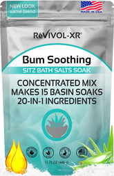 REVIVOL-XR Sitz Bath salts bottle close-up for soothing relief and premium ingredients.