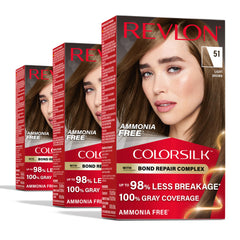 Revlon ColorSilk Bond Repair Brown 51 Light Brown shade on hair, three-pack provides full gray coverage