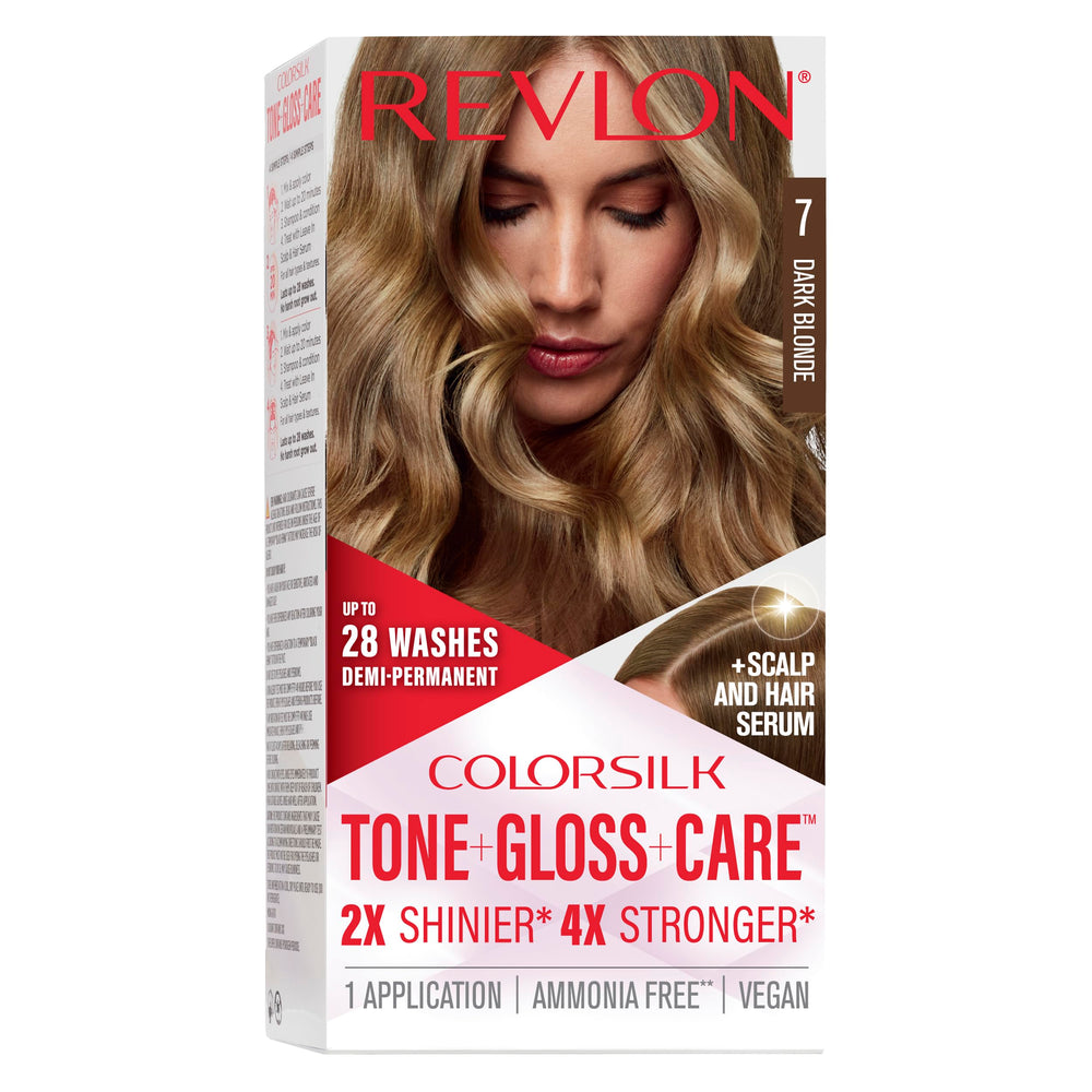 Revlon ColorSilk Tone + Gloss application close-up shows vibrant, glossy color.