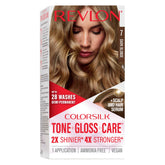Revlon ColorSilk Tone + Gloss application close-up shows vibrant, glossy color.