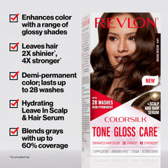 REVLON ColorSilk Tone + Gloss Care serum bottle demonstrates hydrating leave-in treatment.