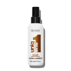 REVLON PROFESSIONAL UniqOne coconut bottle pour demonstrates quick, even application for wet hair.