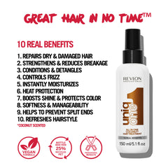 REVLON PROFESSIONAL UniqOne coconut spray-on highlights detangling on wet or dry hair.