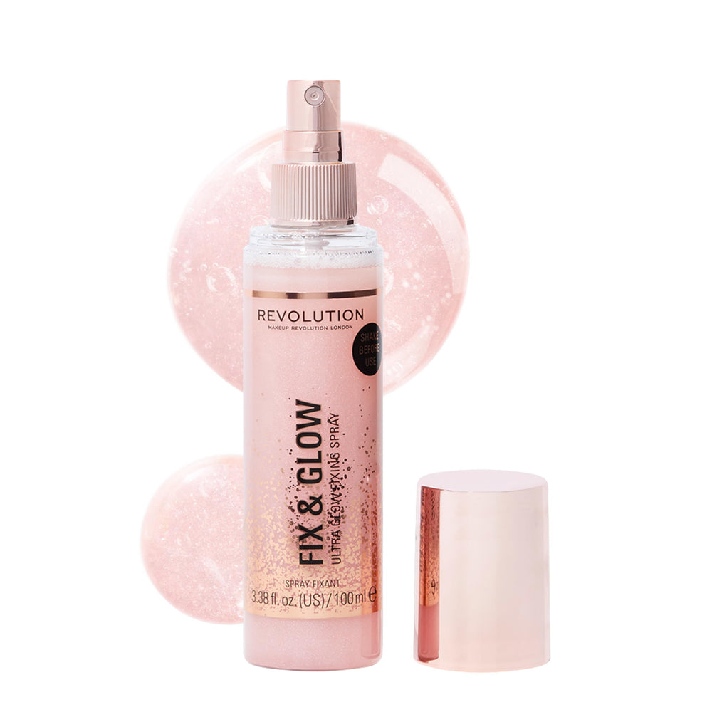 Revolution Beauty London Fix & Glow Spray bottle-pump for a radiant dewy finish and lasting set.