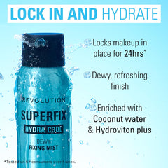 Close-up label on Revolution Superfix mist highlights Aloe Vera benefits.