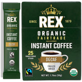 REX COFFEE organic fairtrade decaf stick box on kitchen counter for easy mornings