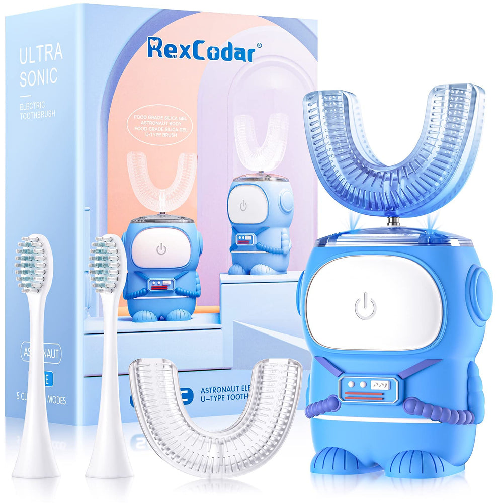 RexCodar Ultrasonic Kids U-Shaped Toothbrush blue front view showing engaging design for kids