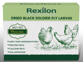 Rexilon dried BSF larvae packaging shown, delivering a pure natural protein boost for poultry.