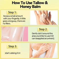 Hands apply Rezebu Tallow Honey Balm for quick moisture and comfort.