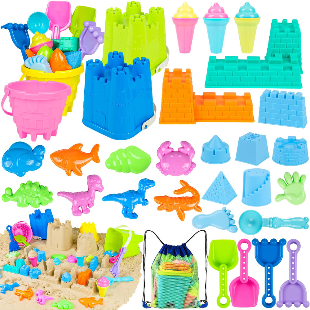 REZUCREY beach toy set with four castle buckets for colorful sand builds