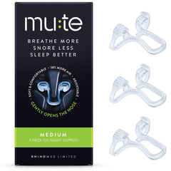 Rhinomed Mute nasal dilator packaging demonstrates a discreet snoring solution for better sleep.
