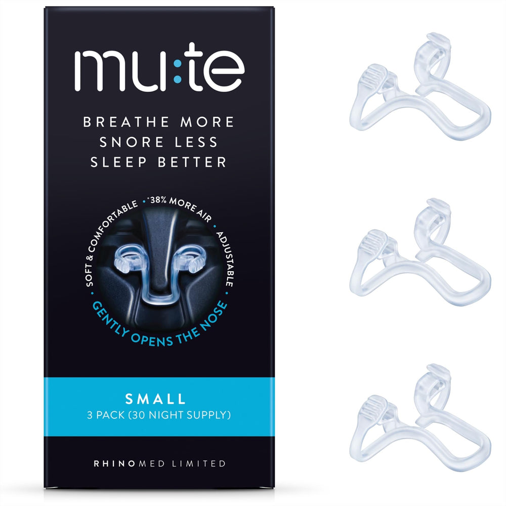 Rhinomed Mute small-pack nasal dilator trio supports snore reduction while you sleep.