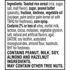 Rice Krispies Treats bar cross-section reveals peanut butter layer and chocolate base.