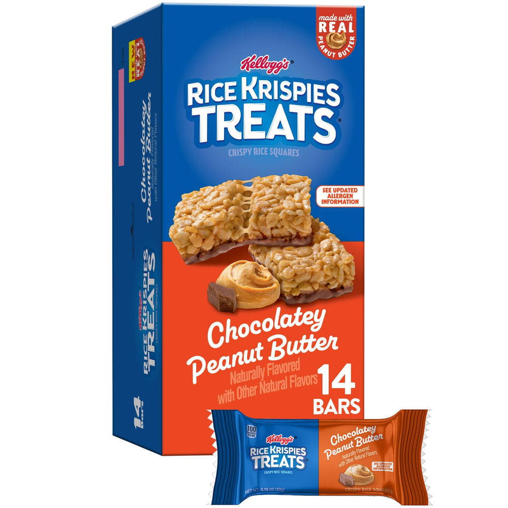 Rice Krispies Treats chocolatey peanut butter box front for quick snacking.