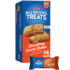 Rice Krispies Treats chocolatey peanut butter box front for quick snacking.