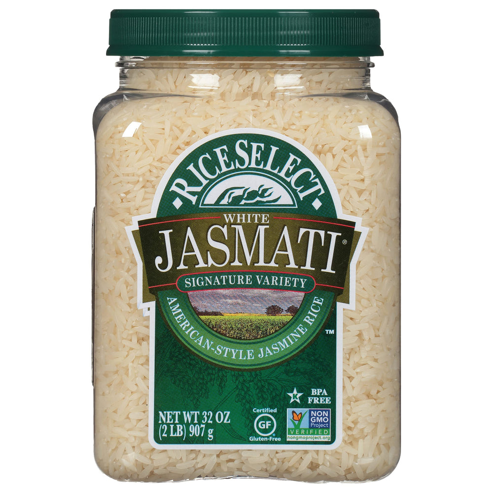 RiceSelect Jasmati rice jar releasing premium aroma for quick meals.