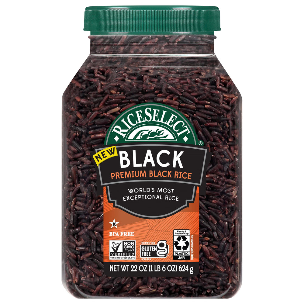 RiceSelect Premium Black Rice in a clear BPA-free jar, ready for nourishing meals.