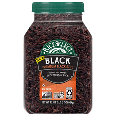 RiceSelect Premium Black Rice in a clear BPA-free jar, ready for nourishing meals.