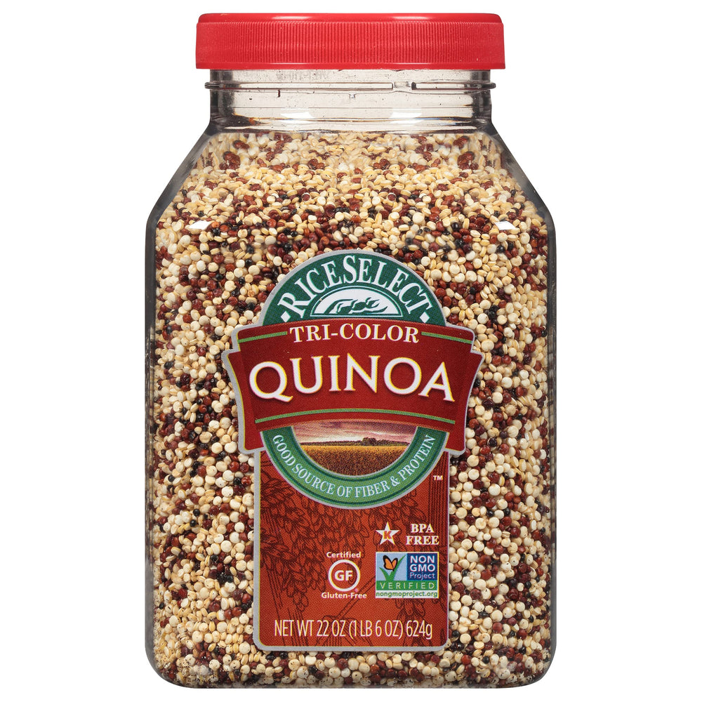 RiceSelect Tri-Color Quinoa jar front shows a vibrant blend for quick, versatile meals