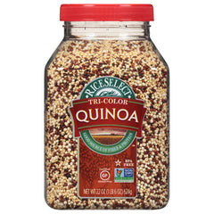 RiceSelect Tri-Color Quinoa jar front shows a vibrant blend for quick, versatile meals
