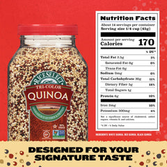 RiceSelect Tri-Color Quinoa jar label highlights gluten-free, non-GMO, and kosher attributes