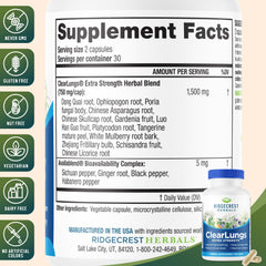 RidgeCrest ClearLungs label detail showing ingredients and usage directions.