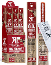 RIGHTEOUS FELON O.G. Hickory beef sticks packaging in hand for on-the-go protein.