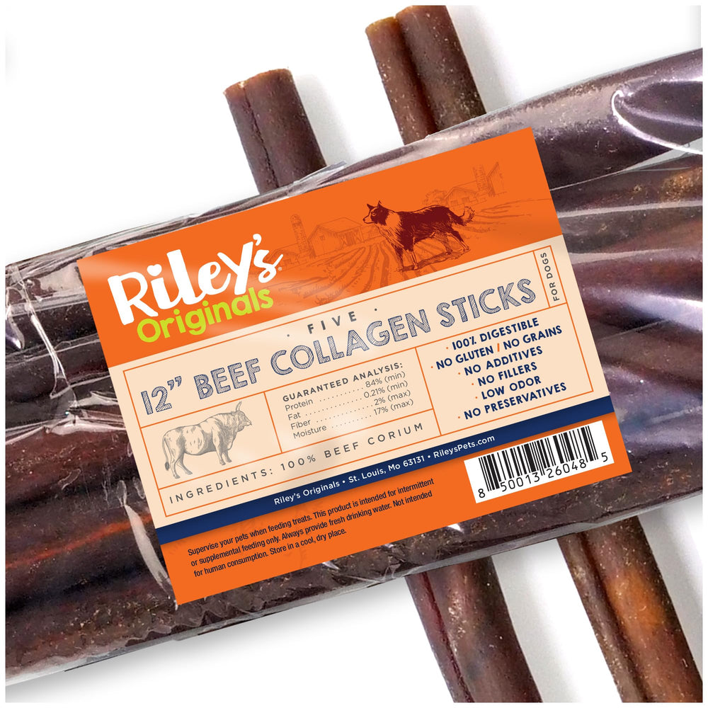 Riley's 12-Inch beef collagen sticks for dogs provide a long-lasting chew.