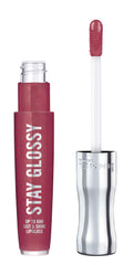 Rimmel Stay Glossy bottle close-up shows bright shine and color