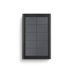 Ring small solar panel with adjustable arm for 360-degree rotation and sun exposure.