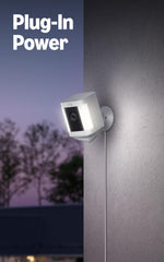 Ring Spotlight Cam Plus LED motion spots illuminate yard for nighttime security.