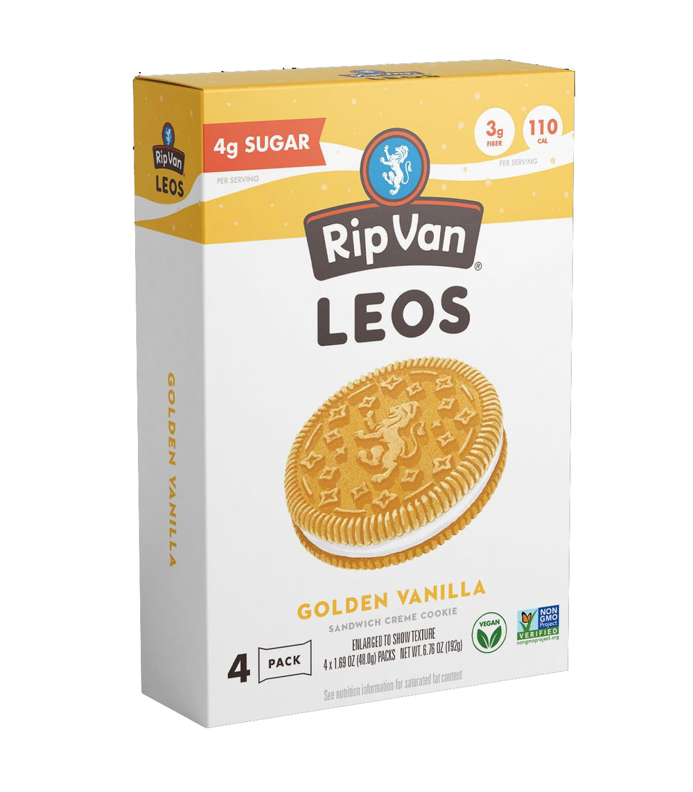 Rip Van Leos Golden Vanilla sandwich cookie pack shows crisp exterior and creamy filling for snacking