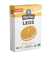 Rip Van Leos Golden Vanilla sandwich cookie pack shows crisp exterior and creamy filling for snacking