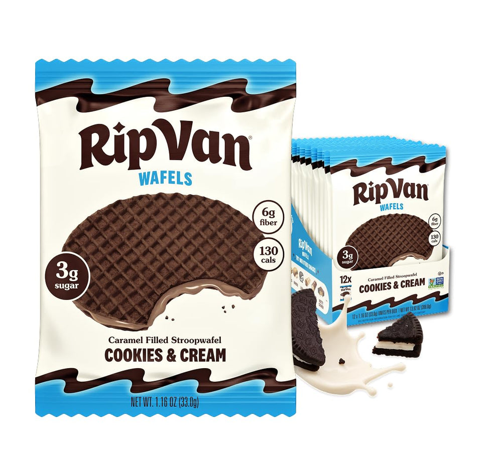 Rip Van Wafels Cookies and Cream stroopwafel in packaging, ideal for on-the-go healthy snacking.