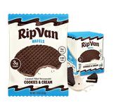 Rip Van Wafels Cookies and Cream stroopwafel in packaging, ideal for on-the-go healthy snacking.