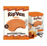 Rip Van Wafels packaging showcasing Dutch Caramel and Vanilla stroopwafels for on the go snacking